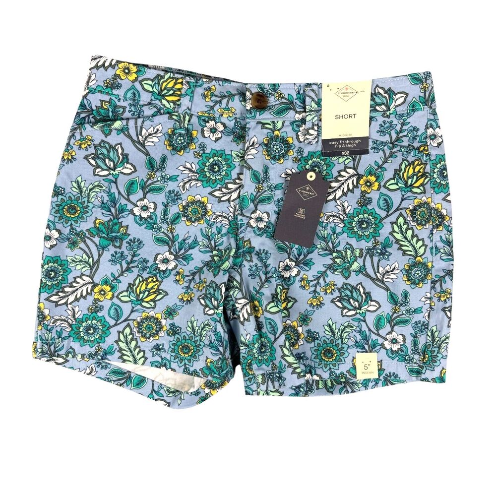 St. John's Shorts Women’s 2 Blue Bay Mid Rise Folk Floral 5" Inseam Short NWT